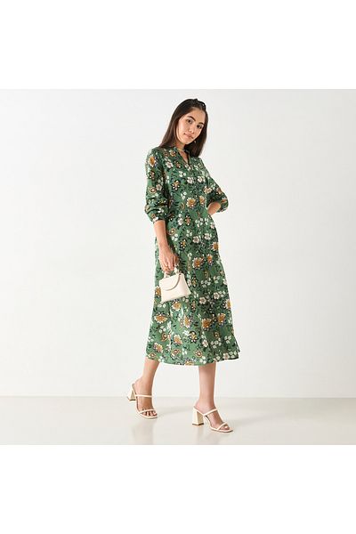 FAV All-Over Floral Print Mandarin Collar Shirt Dress with Long Sleeves