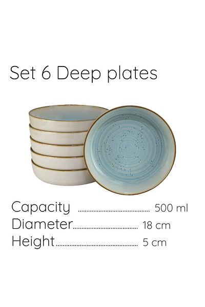 Cesiro Set of 6 deep plates 18 cm, Ivory with blue piping