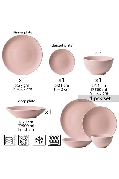 Cesiro 4-piece plate set, for one person, Pastel Pink, Cesiro, Matte Pink