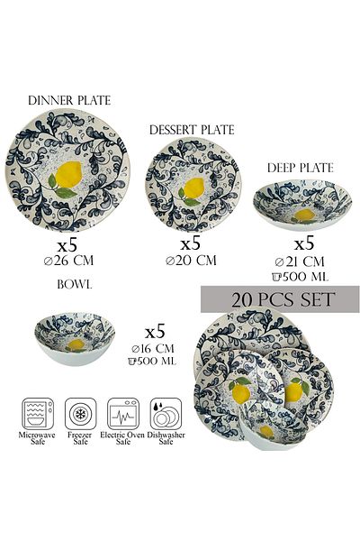 Cesiro 20-piece plate set, 5 people -Ensemble Limone Elegante - Italian Porcelain Dinnerware Set