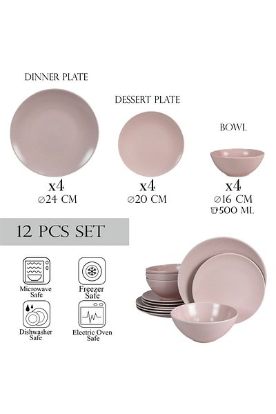 Cesiro 12-piece plate set, for 4 people, Milkshake, Cesiro, Light Pink Matte