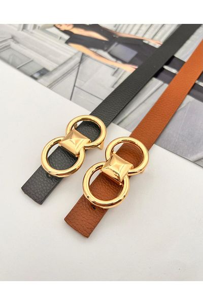 MODAM HİFA Gold for Women Belt and Pants Belt Soirée Slim with 2 Pyramid Buckles