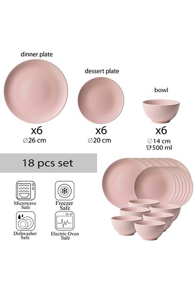 Cesiro 18-piece plate set, for 6 people, Pastel Pink, Cesiro, Matte Pink