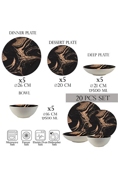 Cesiro 20-piece plate set, 5 people - Ensemble Bronzed Marble - Italian Porcelain Dinnerware Set