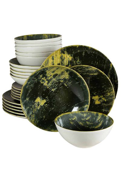 Cesiro 24-piece plate set, for 6 people, Forest, Cesiro, Ivory White with Green