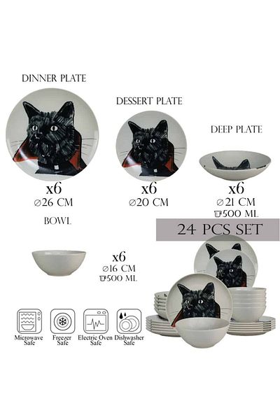 Cesiro 24-piece plate set, for 6 people, Dracula Cat, Cesiro, Ivoire with Cat