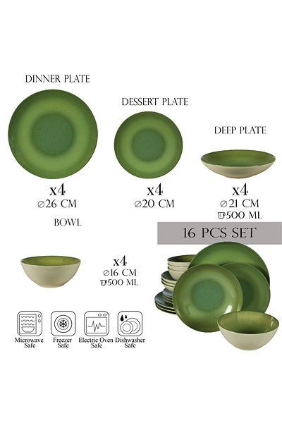 Cesiro 16-piece plate set, for 4 people, Kiwi, Cesiro, Ivory White with Green