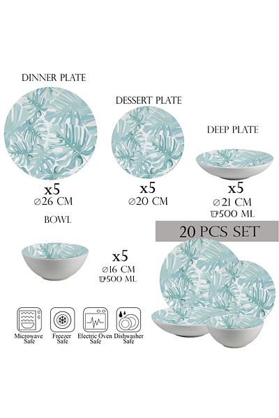 Cesiro 20-piece plate set, 5 people - Insieme Foglie Turquoise - Italian Porcelain Dinnerware Set