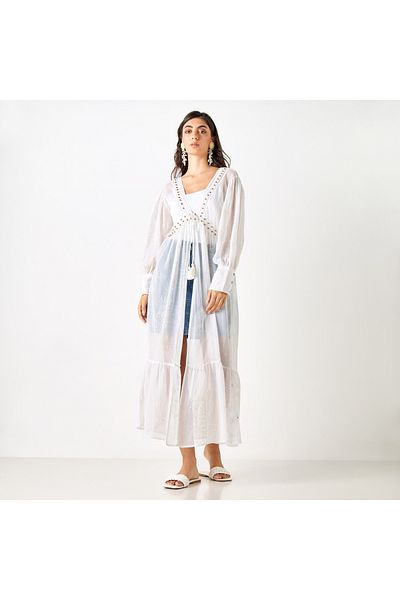 FAV Embellished Longline Shrug with Tie-Ups and Bishop Sleeves