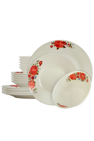 Cesiro 18-piece plate set, for 6 people, Cesiro, Ivoire with red rose
