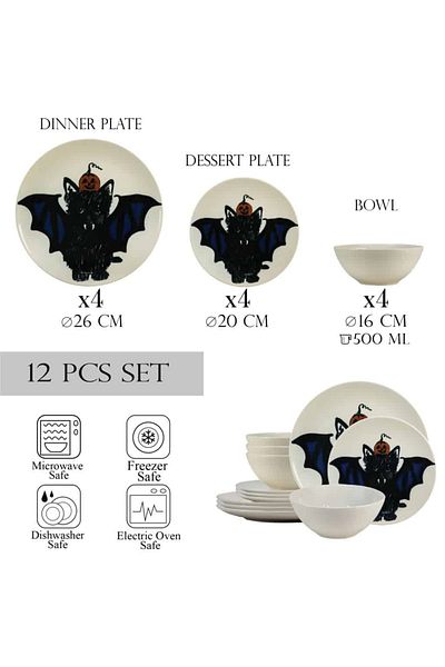 Cesiro 12-piece plate set, for 4 people, BatKitty, Cesiro, Ivoire with the Cat