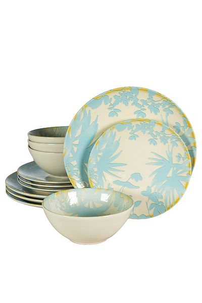 Cesiro 12-piece plate set, for 4 people, Hawaii, Cesiro, Ivory white with light blue leaves