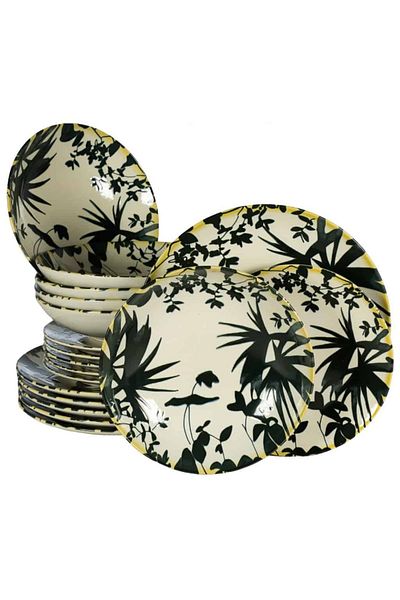 Cesiro 18-piece plate set, for 6 people, Hawaii, Cesiro, Ivory white with black leaves