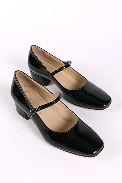 Hayati Arman Women's Genuine Leather Upper Strap Heeled Shoes Black Patent Leather