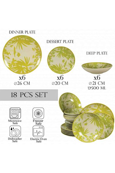 Cesiro 18-piece plate set, for 6 people, Hawaii, Cesiro, Ivory white with yellow-green leaves