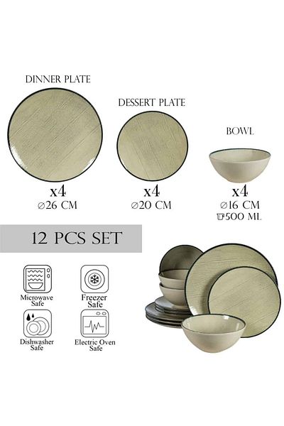 Cesiro 12-piece plate set, for 4 people, Sand, Cesiro, Glossy Ivoire White with black rim