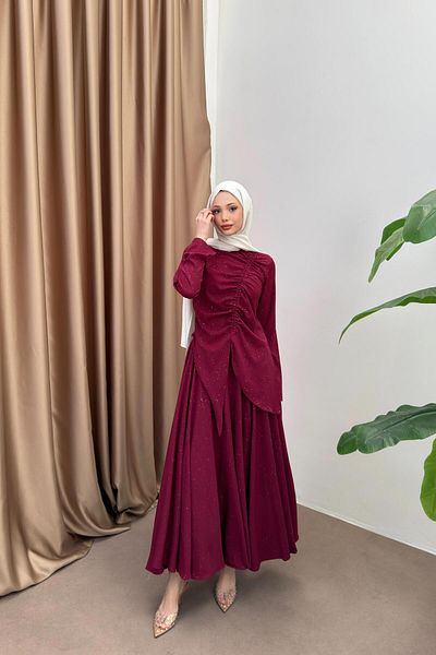 QUQA Glitter Gathered Suit - Burgundy