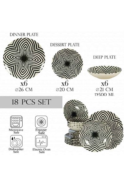 Cesiro 18-piece plate set, for 6 people, Hypnosis, Cesiro, Ivory white with black lines