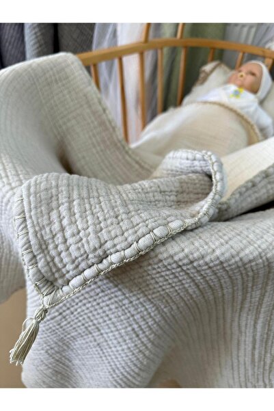 YASEMİNİNEVİ Taş Rengi Müslin Bebek Yorganı Müslin Bebek Yatak Örtüsü