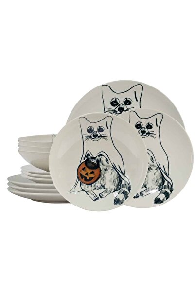 Cesiro Set farfurii 12 piese, pentru 4 persoane, Pumpkin Cat, Cesiro, Ivoire cu Pisica