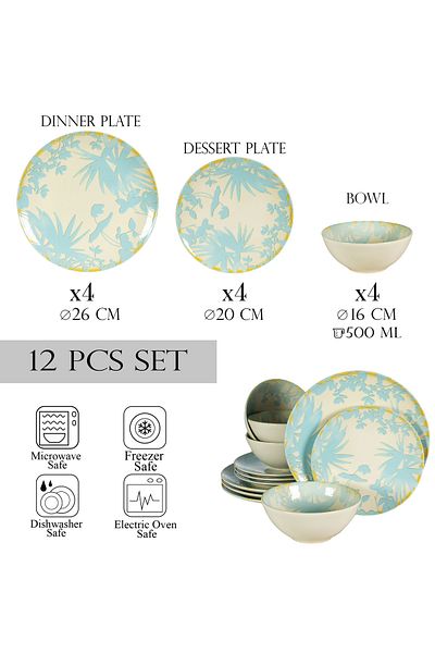 Cesiro 12-piece plate set, for 4 people, Hawaii, Cesiro, Ivory white with light blue leaves