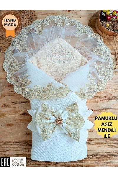 Tomuycuk Ecru Knitted Baby Swaddle - Cotton & Lace Newborn Baby Blanket