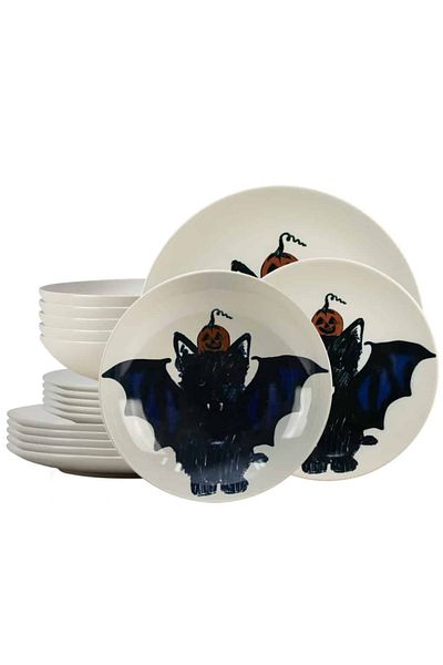Cesiro 18-piece plate set, for 6 people, BatKitty, Cesiro, Ivory White with Cat