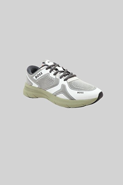BOSS Erkek Suni Deri Detaylı Bağcıklı Owen File Spor Ayakkabı Beyaz