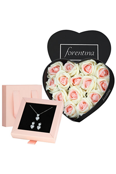 Forentina Pembe Kutuda Kalpli Kolye Küpe-Kalpli Kutuda Pembe-Beyaz Güllü Hedi...