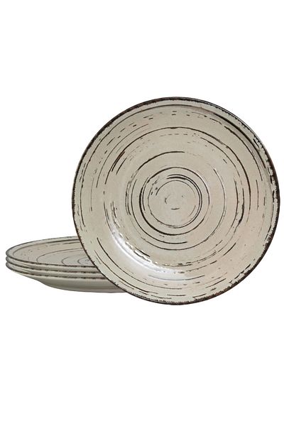 Cesiro Set of 4 wide plates, 26 cm, Stone, Cesiro, Made in Romania, Ivoire white with brown lines