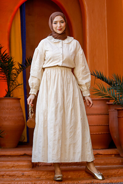 LOCCO Kadın Çizgi Detay Gömlekli Takım Krem