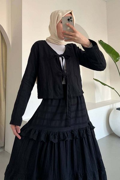 benguen Black Suit Embroidered Tied Skirt 3012