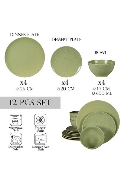 Cesiro 12-piece plate set, for 4 people, Sage, Cesiro, Sage Green Matt with black dots
