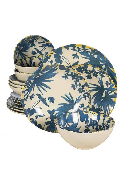 Cesiro 16-piece plate set, for 4 people, Hawaii, Cesiro, Ivory white with dark blue leaves