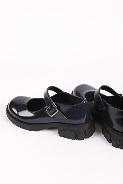 Hayati Arman Women's Single Strap Thick Soled Ballerinas Navy Blue Patent Leather