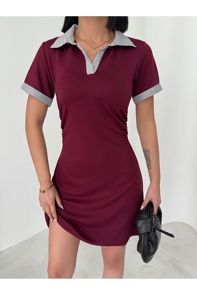 QUTTA Women's Burgundy Shirt Collar Modal Fabric Short Sleeve Dress