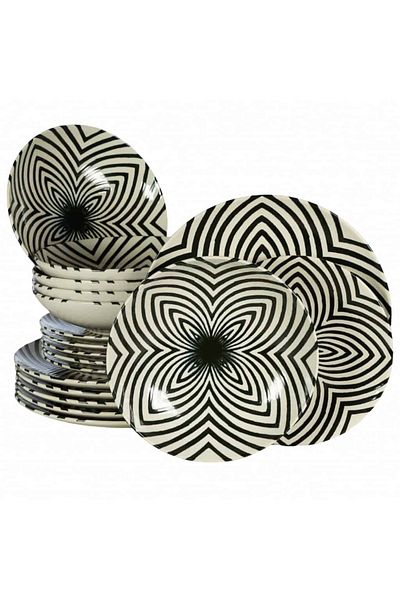 Cesiro 18-piece plate set, for 6 people, Hypnosis, Cesiro, Ivory white with black lines