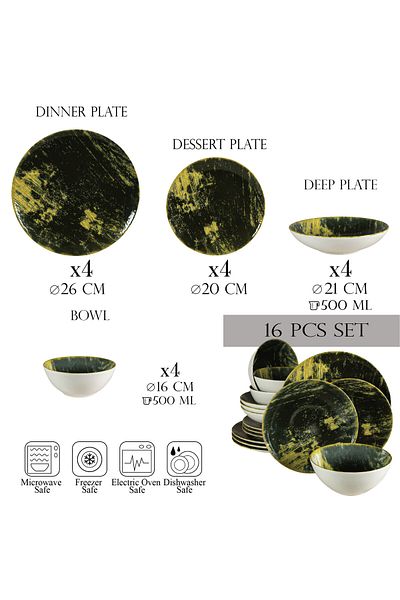 Cesiro 16-piece plate set, for 4 people, Forest, Cesiro, Ivory White with Green