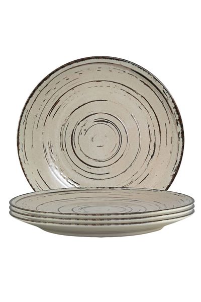Cesiro Set of 4 wide plates, 26 cm, Stone, Cesiro, Made in Romania, Ivoire white with brown lines