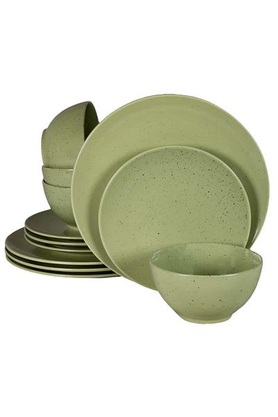 Cesiro 12-piece plate set, for 4 people, Sage, Cesiro, Matte Green with black dots
