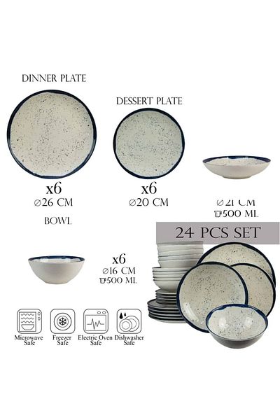 Cesiro 24-piece plate set, for 6 people, Anchor, Cesiro, Ivory White with Blue
