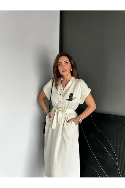 QİMYA BUTİK Egzoti̇k Asortik Women's Chest Bird Embroidered Elastic Waist Belted Stand Collar Snap Fastener Cotton Dress