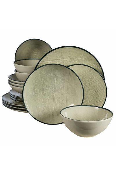 Cesiro 16-piece plate set, for 4 people, Sand, Cesiro, Ivoire White with black rim