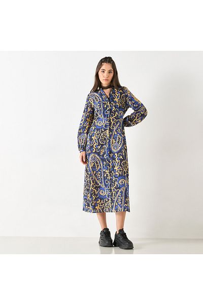 FAV All-Over Print Mandarin Collar Shirt Dress with Long Sleeves