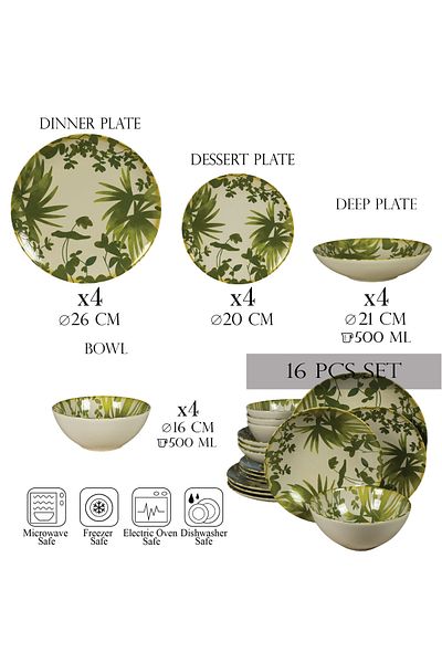 Cesiro 16-piece plate set, for 4 people, Hawaii, Cesiro, Ivory white decorated with green leaves