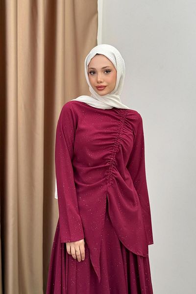 QUQA Glitter Gathered Suit - Burgundy