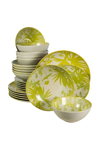 Cesiro 24-piece plate set, for 6 people, Hawaii, Cesiro, Ivory White with yellow-green leaves