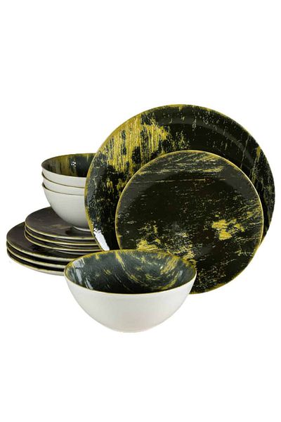 Cesiro 12-piece plate set, for 4 people, Forest, Cesiro, Glossy Ivoire White with Green
