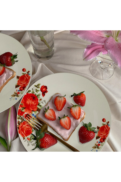 Cesiro Set of 6 dinner plates 23 cm, for 6 people, Ivoire with red rose