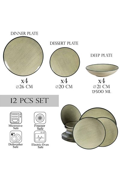 Cesiro 12-piece plate set, for 4 people, Sand, Cesiro, Ivoire White with black rim